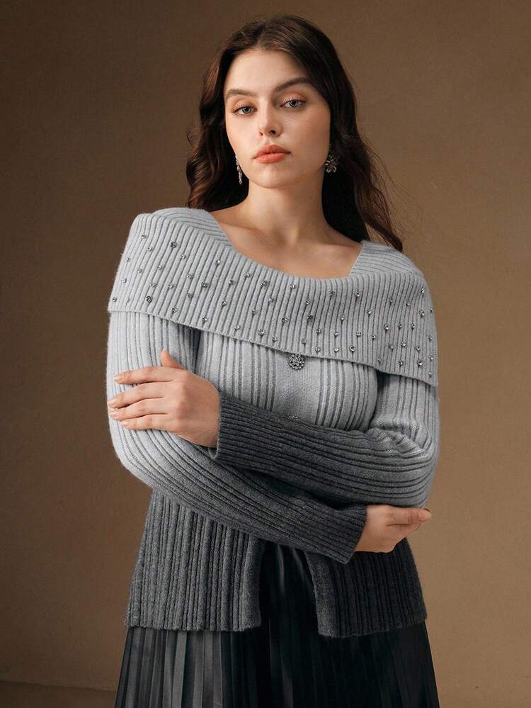 Plus Size Women's Off Shoulder Rhinestone Embellished Elegant Sweater, Autumn