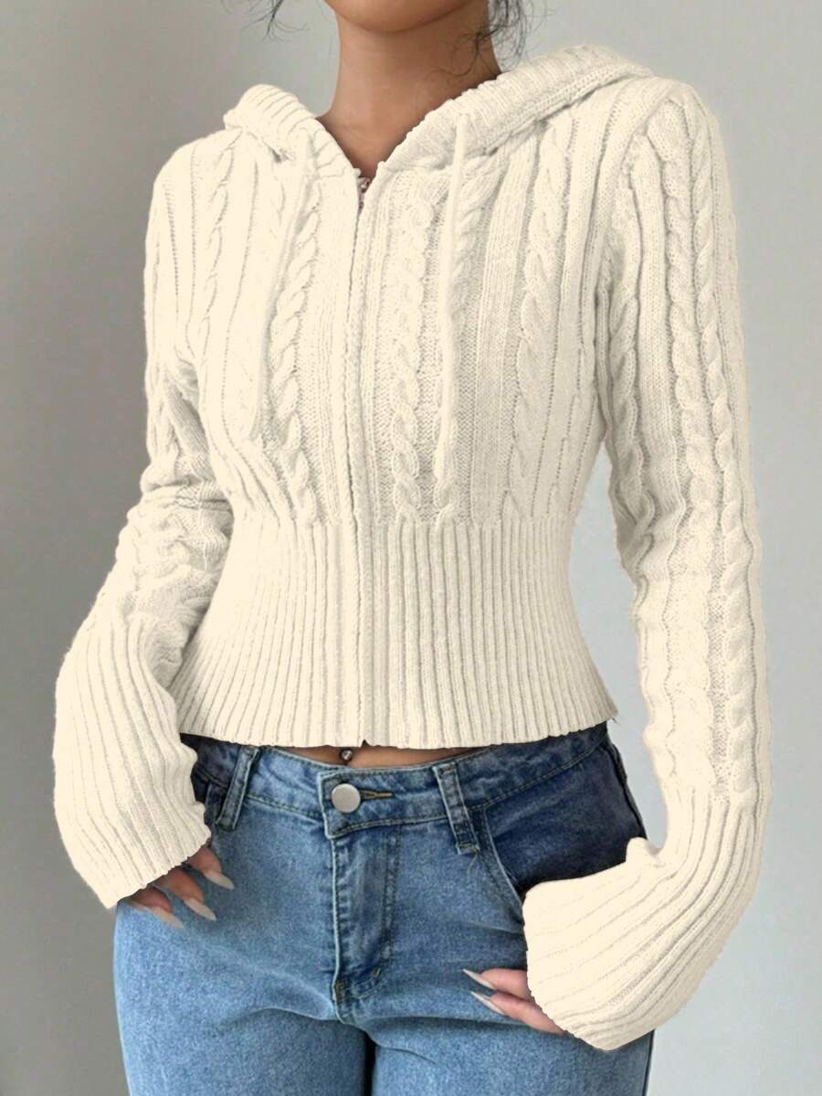 Flirla 女式秋季麻花图案长袖拉链休闲连帽开衫 - 杏色 - 查看 1