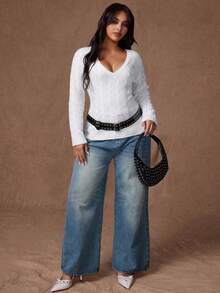 Rustia Plus Size Cute Casual Textured V-Neck Long Sleeve Sweater Fall Winter Cloth For Women Autumn - White - View 5