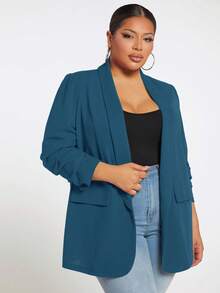 SHEIN Tall CURVE Plus Size Women Solid Color Draped Collar Ruched 3/4 Sleeve Casual Blazer Jacket In Fall/Winter - Teal Blue - View 3