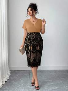 Auvina 大码女式V领短袖撞色蕾丝鱼尾下摆优雅连衣裙 - 咖啡棕 - 查看 3