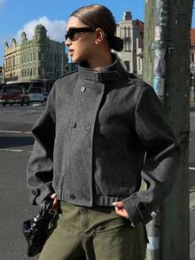 DAZY 双排扣立领大衣夹克 - 灰色 - 查看 1