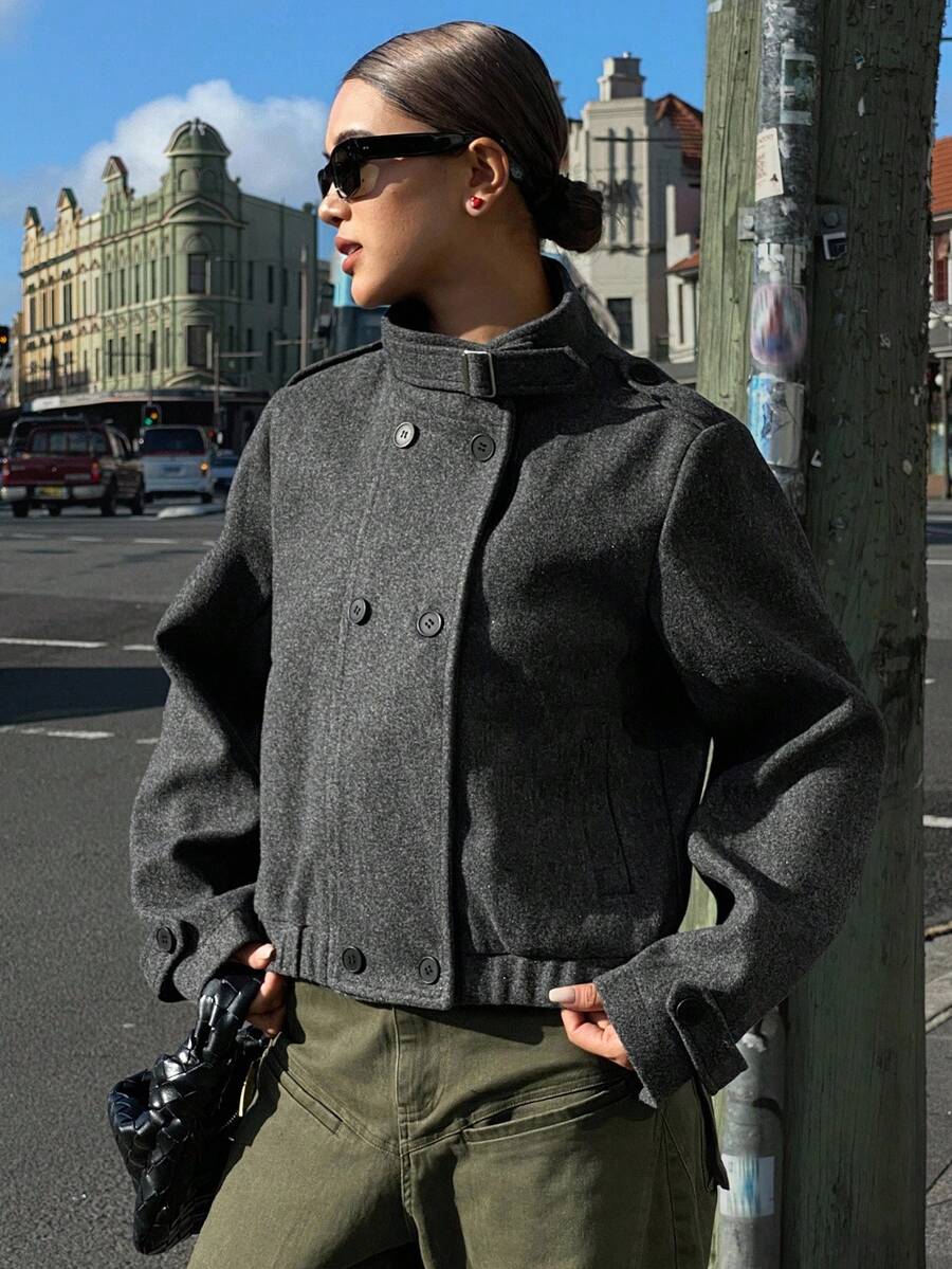 DAZY 双排扣立领大衣夹克 - 灰色 - 查看 1