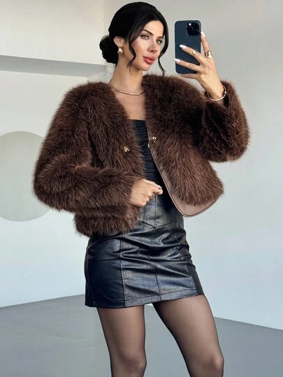 Firerie Women's Elegant Solid Color Long Sleeve Metal Single-Breasted Design Metal Loose Faux Lurex Brown Fur Jacket, Winter,Women's Winter Jacket,Winter Clothes For Women,Winter Clothes For Women Fall Outfits For Women,Old Money Fur Jacket New Year Women's Clothes,Christmas Women's Clothing,Long Sleeve Going Out Top,Chic Women's Jacket,Ankara Red Coat,Old Money Style,Casual And Business Commuting,Women Wedding Guest,Fur Jacket Solid Color Fur Jacket