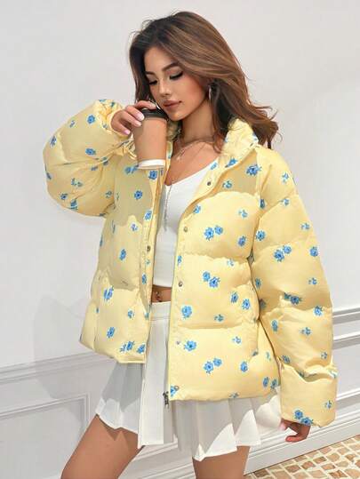 Sweetina 女式超大芥末黄碎花高领休闲宽松长袖棉质夹克，秋冬