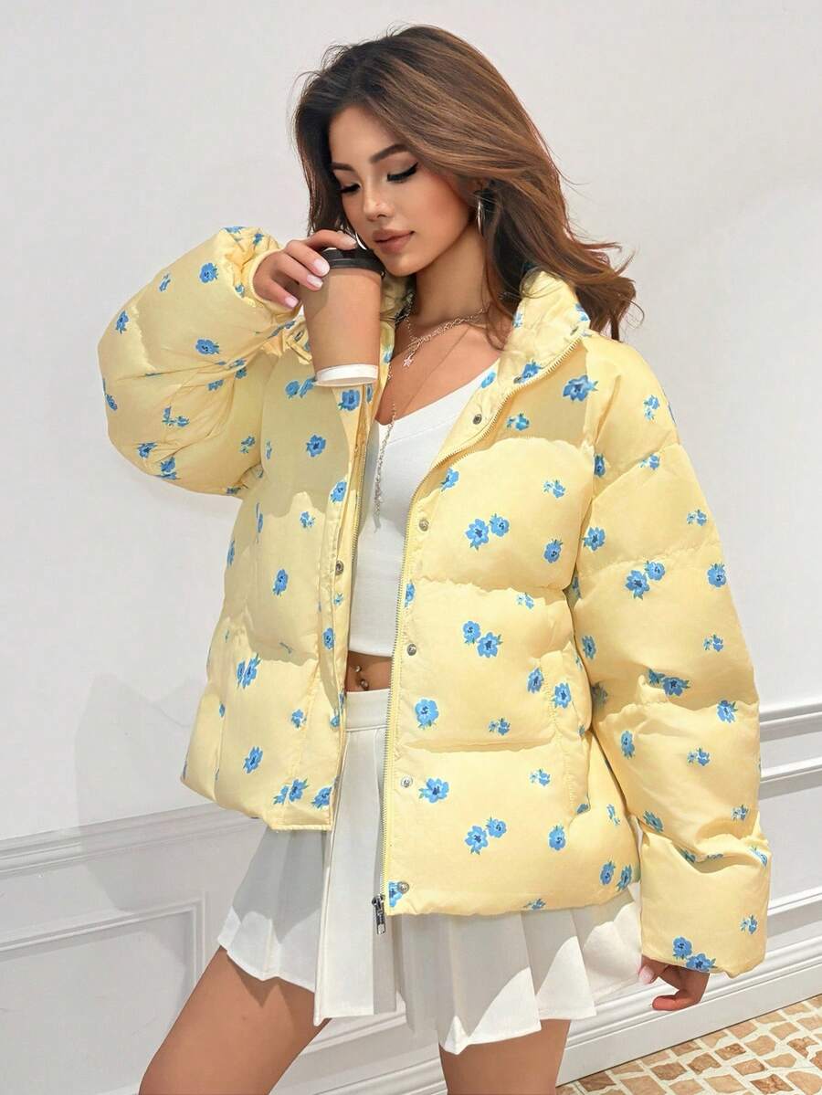 Sweetina 女式超大芥末黄碎花高领休闲宽松长袖棉质夹克，秋冬 - 彩色 - 查看 1