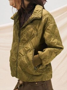 Easelle 复古游牧宽松立领棉服女式绗缝夹克女式夹克外套女式夹克秋冬 - 綠色 - 查看 8