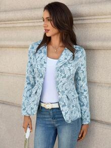 EMERY ROSE Women's Floral Jacquard Lapel Collar Long Sleeve Elegant Blazer, Spring Autumn - Dusty Blue - View 7