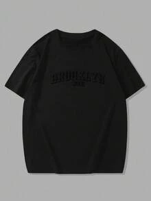 Manfinity Homme Plus Size Men's Casual Letter Embossed Short Sleeve T-Shirt, Summer - Black - View 3