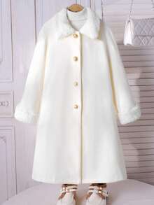 SHEIN Tween Girl Fluffy Patchwork Turndown Collar Metal Button Front Loose Long Cardigan Coat, Comfortable For Home, Outdoor, School, Party, White Autumn Winter ClothesGirlwomens 10 Girls Elegant Fleece Jacket Coat Tween Dress Coat Girls Wool Coat Girls Coat - White - View 3