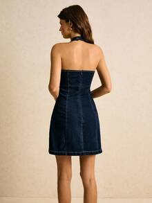 Poéselle Women's Short Denim Dress With Metallic Embellishments, Backless Halter Neck Denim Dress, Dark Washed Denim Dress, Women's Denim Dress, Mini Dress, Curve Denim Dress, Starry Button Dress, Date/Party Dress, Christmas Party Dress, New Year's Party Dress, Valentine's Day Dress, Mother's Day Dress, Music Festival Dress. - Dark Wash - View 2
