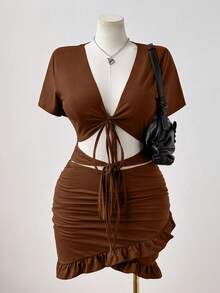 Sunspun Vestido ceñido de mujer talla grande de unicolor con escote en V sexy, cintura fruncida y recortes, para mujer - Óxido marrón - Ver 5