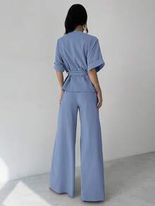 Firerie 女士优雅休闲度假通勤V领宽松收腰衬衫上衣搭配高腰阔腿裤2件套，适合春夏秋季休闲通勤套装宽松西装通勤优雅母亲节教师节工作装 - 藍色 - 查看 2