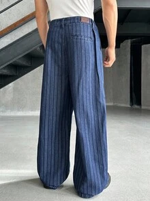 ESTAVOR 男士口袋条纹褶皱阔腿宽松休闲牛仔裤 - 藍色 - 查看 4
