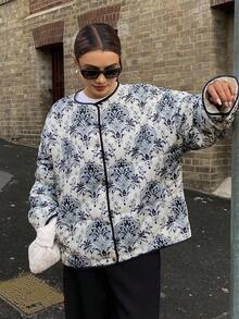 DAZY Autumn/Winter New Loose Casual Round Neck Blue And White Porcelain Print Women Padded Coat Jacket - Blue and White - View 5