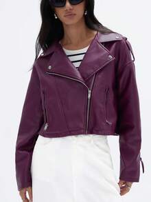 GENKIRA Retro Punk Style Cropped PU Leather Moto Jacket With Straps, Cool Design  - Purple - View 5