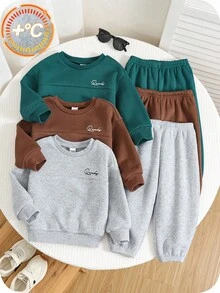 SHEIN 6件/套 嬰兒男孩女孩可愛秋冬休閒百搭素色字母印花長袖運動衫運動褲套裝 基本款多件式中性嬰兒服裝 嬰兒冬裝聖誕 - 彩色 - 查看 2