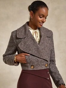 Bóhologie Blazer court en tweed pour femmes avec larges revers et fermeture à double bouton, veste extérieure classique et élégante en tweed pour femmes, veste marron pour femmes, blazers pour femmes, blazer en tweed pour femmes, veste de costume pour femmes - Tabac - Voir 6