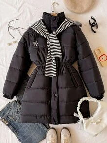 SHEIN Teen Tween Girl Black Winter Long-Sleeved Mid-Length Padded Coat, Modest Hike Outdoor Snow Coat With Classic Striped Scarf Decoration And Snug Fit Belt - Black - View 6