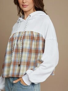WESTFADE Mix Media French Terry & Plaid Flannel Loose Fit Hoodie Cute Fall Tops For Women Country Concert - Multicolor - View 5