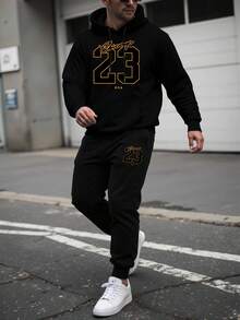 Manfinity EMRG 2件套男士休闲连帽长袖上衣和裤子套装 - 黑色 - 查看 3