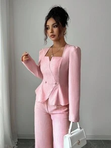 Selianne 女士粉色竹纤维方领收腰纽扣设计优雅高端美学褶皱后腰简约长袖开衫，适合秋季穿着