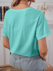 SHEIN Cottnline Cotton Heart & Letter Pattern Drop Shoulder Tee , Summer Vacation Top - Mint Blue - View 5