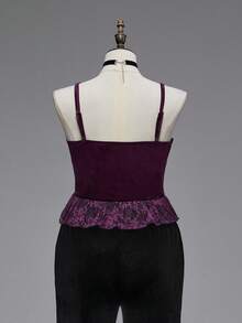 ROMWE EDITION Kamisol Beludru & Renda Kontras Seksi Gaya Y2K Ukuran Plus, Gaya Halloween Gelap - Purple - View 4