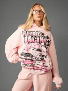 Missguided x Playboy Áo hoodie cotton oversized họa tiết rách có túi giữa và mũ trùm đầu có dây rút cho phong cách đường phố thường ngày - Bụi hồng - Xem 1