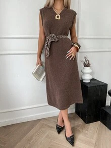 DAZY 女士V领宽松休闲长款毛衣连衣裙，秋季连衣裙 - 咖啡棕 - 查看 3