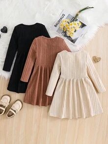 SHEIN 年轻女孩 3 件套可爱休闲纯色圆领纽扣装饰罗纹冬季基本款连衣裙套装，非常适合休闲和日常穿着和学校日常，必备，百搭，温暖舒适，秋冬，必备，百搭， - 彩色 - 查看 2