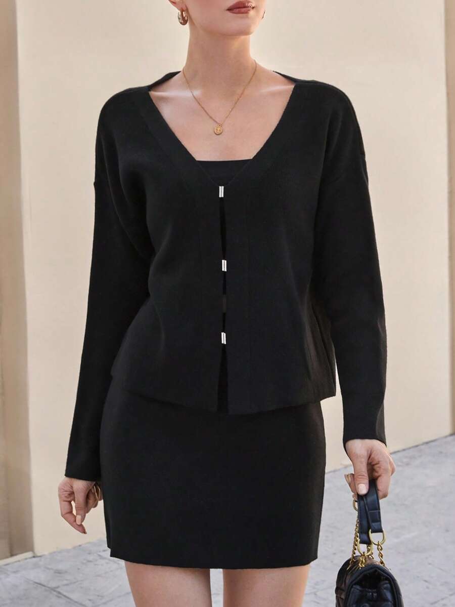 CLARA VERO Chic V-Neck Long Sleeve Front Clasp Detail Bodycon Sweater Dress,Loungewear Set,Petite,Winter Clothes,Two Piece Set Women - Black - View 1