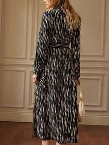 Écloséra 法式复古休闲不对称波点印花交叉V领收腰侧系带开衩黑色连衣裙，春秋 - 黑色 - 查看 5