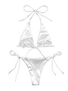 Swim Basics Summer Beach Solid Triangle Tie Side Bikini Set - White - View 2