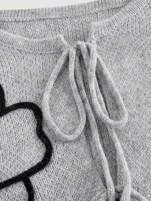 SHEIN MOD Plus Size Casual 3D Floral Lace-Up Knitted Cardigan, Autumn/Winter,Floral Embroidered,Elegant Casual Women Cardigans 3D Floral Contrast Color Cardigan Sweater, For Winter Fall,Winter Clothes For Women,Christmas  ,New Year