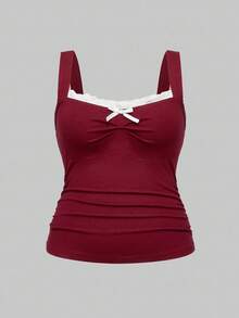 ROMWE J-Fashion 加大码蕾丝设计宽领口日常百搭褶饰修身吊带背心，秋冬 - 酒紅色 - 查看 1