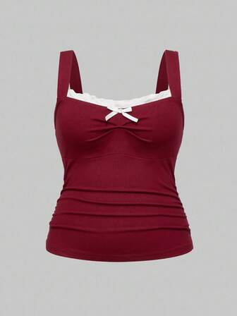 J-Fashion Camiseta sin mangas con diseño de encaje, cuello ancho, versátil para uso diario, con pliegues, ajuste ceñido, talla grande, para otoño/invierno
