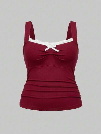 J-Fashion Plus Size Lace Design Wide Neckline Everyday Versatile Ruched Slim Fit Camisole, Autumn/Winter