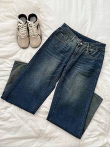 Attitoon Jeans rectos holgados y casuales con bolsillos para mujer, versátiles - Azul lavado oscuro - Ver 7