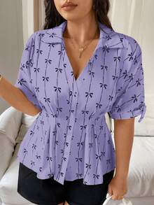 Vionelle Plus Size Women's Butterfly Print Short Sleeve Single-Breasted Ruched Waist Fashionable Blouse - Purple - View 5