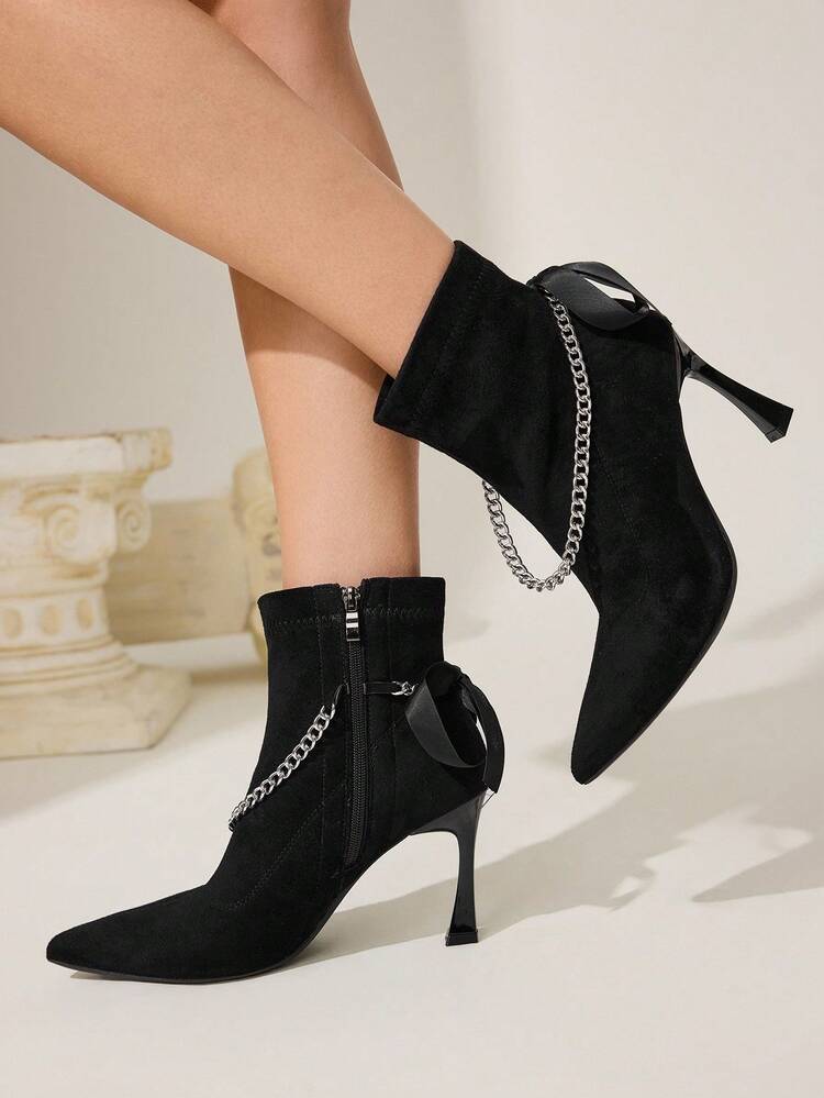 CUCCOO CHICEST Fashionable Short Suede Pointed Toe High Heel Chain Decor Ankle Boots For Christmas