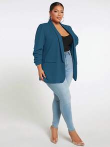 SHEIN Tall CURVE Plus Size Women Solid Color Draped Collar Ruched 3/4 Sleeve Casual Blazer Jacket In Fall/Winter - Teal Blue - View 5