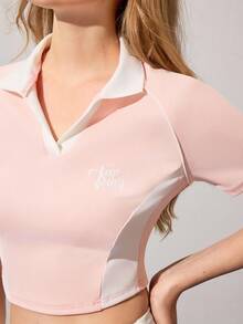 CourtClass 女式休闲拼色短袖运动 Polo 衫，夏季 - 粉色 - 查看 7