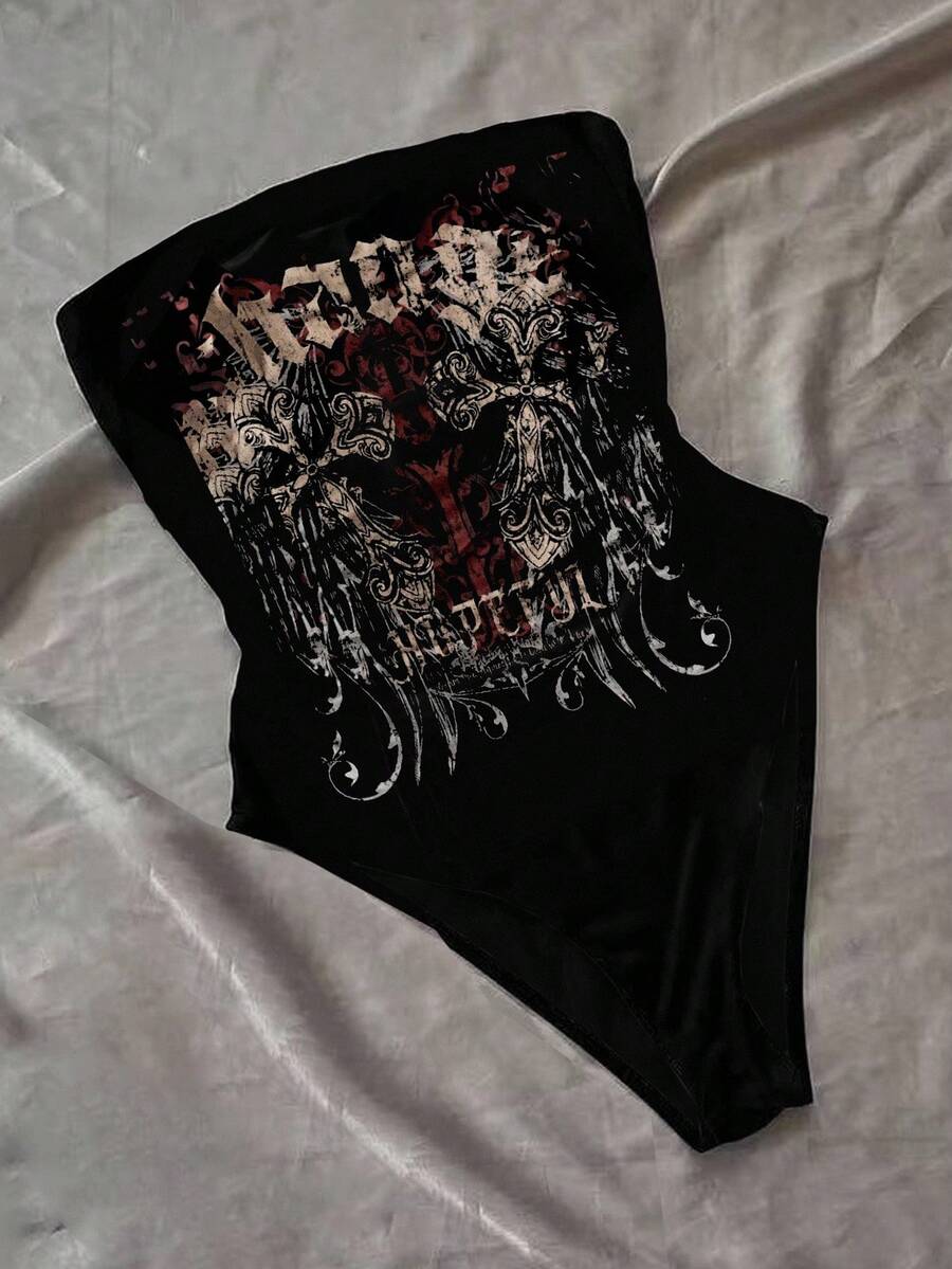 SHEIN 女士字母与十字印花时尚抹胸紧身衣 - 黑色 - 查看 1