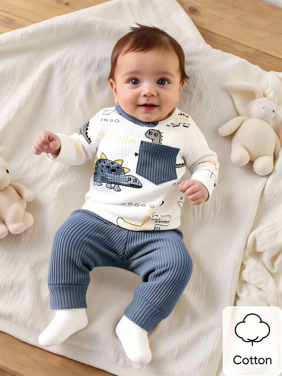 SHEIN Newborn Male Baby White Pit Pattern Cartoon Dinosaur Pattern Print Splicing Green Pocket Long Sleeved Top With Green Pants Two Pieces Set Cute Casual Sports Fashion New Item Fall Winter - Dusty Blue - View 1