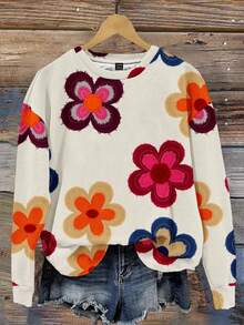 EMERY ROSE Áo sweatshirt dài tay cổ tròn dáng rộng, họa tiết hoa tối giản, phong cách thường ngày dành cho nữ, thích hợp cho mùa thu/đông. Họa tiết hoa 3D dễ thương, áo hoa mùa thu. - Nhiều màu - Xem 4