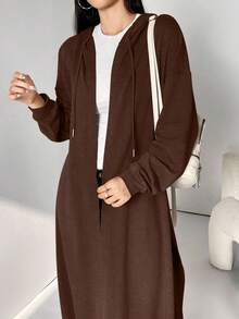 Al Najma Áo Abaya dài có mũ trùm đầu, dây rút, màu trơn, dành cho nữ, thích hợp cho mùa xuân và mùa thu, áo Abaya dài kiểu Hồi giáo thoải mái, áo cardigan dài màu nâu cho mặc hàng ngày/đi học/du lịch. - Màu nâu Sô-cô-la - Xem 3