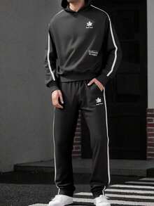 SHEIN 青少年男孩休闲街头标志刺绣舒适纯色连帽衫和运动裤套装，适合通勤、上学、日常休闲、度假、运动、派对、春夏季 - 黑色 - 查看 2