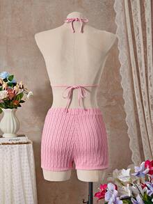 SHEIN Swim 女士纯色简约吊带比基尼泳装 - 粉色 - 查看 2