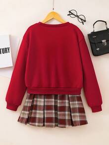 冬季服装、冬季套装、儿童冬季服装、秋季服装、万圣节、万圣节服装、圣诞节服装、2件套女童复古休闲英伦印花长袖抓绒卫衣和格子百褶裙套装，适合秋冬季日常休闲穿着 - 彩色 - 查看 2